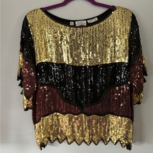 100% Silk Sequin Embellished Women's Top - Black, Gold, Red